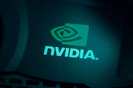 28 June 2019 Bishkek, Kyrgyzstan: Nvidia logo. Merchandise of a famous company on a video card....