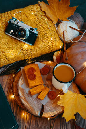 Pumpkin juice, freshly baked pie and dried apricots on a wooden tray. Knit sweater, a vintage camera, a ripe pumpkin and autumn yellow leaves.The concept of Thanksgiving, Halloween, or Christmas.の写真素材