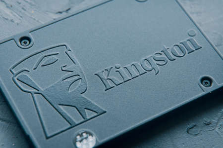 Close-up shot Kingston brand logo of fast Solid State Drive slight angle. Why ssd is better than hdd. Bishkek, Kyrgyzstan - June 27, 2020のeditorial素材