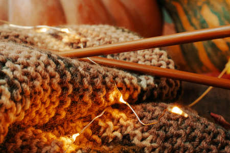 Composition with yarn, wooden needles, lights and colorful pumpkins in the background. Knitting with green brown yarn.の写真素材