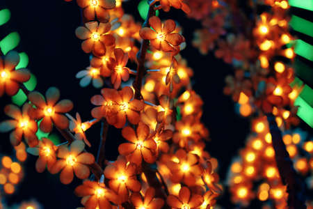 Garland on tree. Colorful light bulbs in the form of flowers. Bright festive lighting of the city. Illumination at night. Winter holiday. Concept of Christmas and New year.の写真素材
