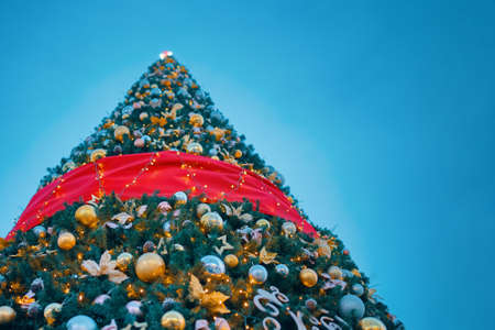 Christmas tree under blue sky. Bottom view of festively decorated tree. New years winter holidays. Bright red and gold decorations on pine tree. Glow from illumination. Background with copy space.の写真素材