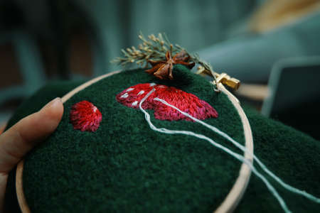 Close up of embroidery of mushroom hat in wooden hoop on green material. Concept of needlework, hobby, leisure. Woman hands doing stitch.の写真素材