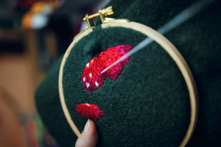 Girls hand embroidery mushroom hat in hoop on green material. Close-up. Concept of needlework, hobby, leisure.の写真素材