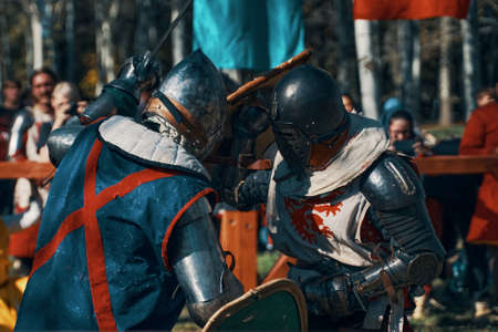 Reconstruction of historical jousting tournaments. Festival of medieval culture in the Park. The...
