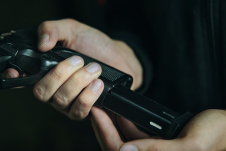 Man inserts drum of cartridges into pistol. Weapon ammunition. Reloading gun close-up. Firearms in hand on dark background. Defense or attack.の写真素材