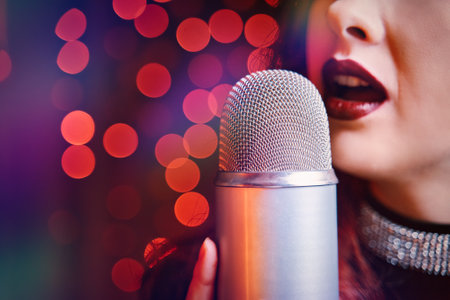 Female singer with disco mic on bokeh light background. Close-up of womens lips painted with burgundy lipstick and retro microphone. Redhead girl starting concert. Copy space for gig posters.の写真素材