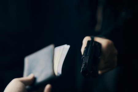 Gun barrel and purse with money. Armed robbery. Assault with pistol on unarmed man. Outstretched...