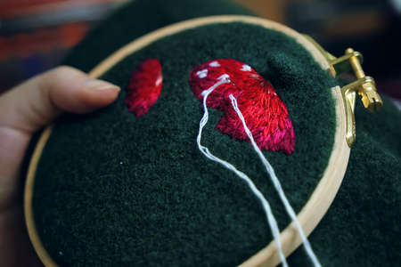 Girls hand embroidery mushroom hat in hoop on green material. Concept of needlework, hobby, leisure. Close-up.の写真素材