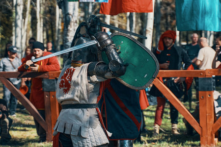 Festival of medieval culture. Reconstruction of medieval jousting tournaments. Bishkek, Kyrgyzstan - October 13, 2019のeditorial素材