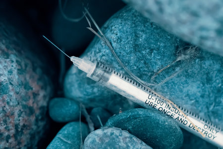 Amidst the rocks on a city street in a park, you can find a used syringe.の写真素材