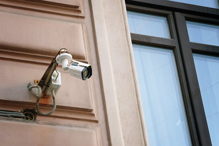 A contemporary surveillance camera is securely mounted next to the window on the exterior of a...
