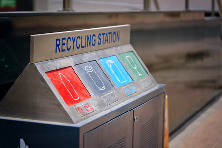 Contemporary waste bins designed for effective segregation, facilitating separate collection and streamlined garbage recycling management.の写真素材