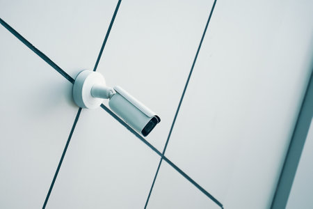 A sleek and modern security camera is securely mounted on a minimalist wall, ensuring safety and...