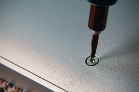 A detailed closeup view of a screwdriver meticulously aligning a screw into a metallic surface for precise assemblyの写真素材
