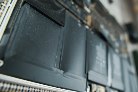 Detailed view of lithium-ion batteries inside an electronic device, showcasing technology and design.の写真素材