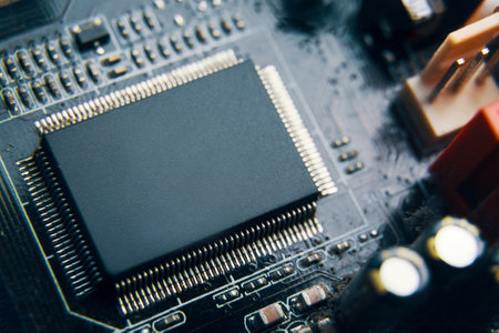 A detailed view of a microchip on a circuit board, showcasing various electronic components...