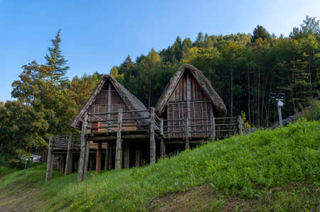 Detail of the archaeological area of Idro Lake. The wooden stilts surrounded by green trees in summer.Trentino, near Lake Garda Riva del Garda Trento, Trentino, Italy.のeditorial素材