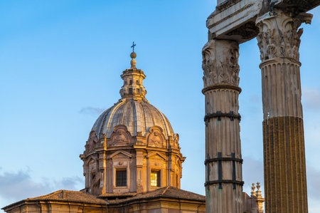 Panorama from the dome of the Church of Santi Luca e Martina of Roman Catholic worship, and of the temple of Venus Genetrix a Roman temple that dominated the side of the Forum of Caesar in Rome.の写真素材