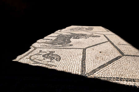Rome Ostia Antica, detail of a mosaic illuminated by sunlight, inside a building, ancient ruins of Ostia archaeological park in summer. Italy.のeditorial素材