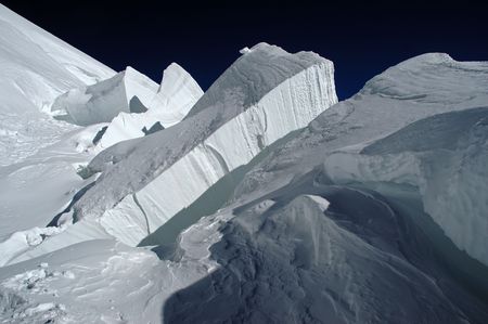 Deeply crevassed and cracked fragment of a glacier
