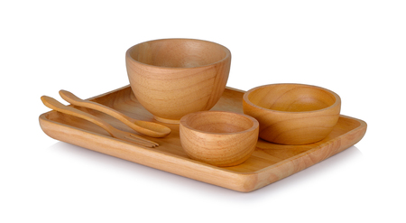 Cups and wooden spoons on white backgroundの写真素材