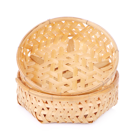 Empty Bamboo Basket on white backgroundの写真素材