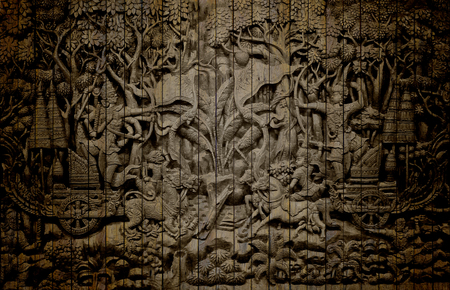 old, picture wood Ramayana  panels used as backgroundの写真素材