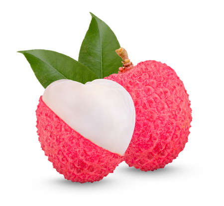 lychee with leaves isolated on white backgroundの写真素材