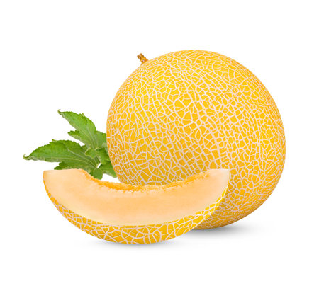 Cantaloupe with leaves isolated on white backgroundの写真素材