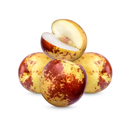 Fresh Jujube with leaves isolated on white backgroundの写真素材