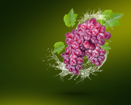Water splash on fresh red grape with leaves isolated on white backgroundの写真素材