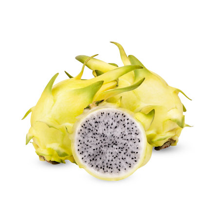 Yellow Dragon fruits isolated on white backgroundの写真素材