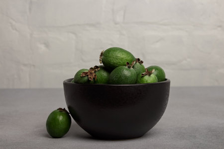 feijoa. berries of the guava family. healthy food. source of iodine. grows in the tropics and subtropics. copy spaceの写真素材