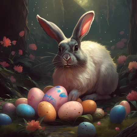 Easter bunny in a fairy forest and colorful Easter eggs. Generated by artificial intelligenceの素材