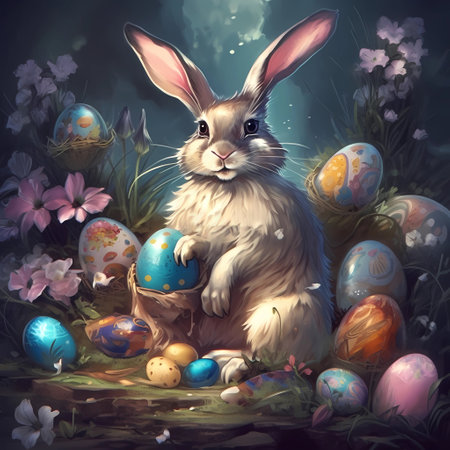 Easter bunny in a fairy forest and colorful Easter eggs. Generated by artificial intelligenceの素材