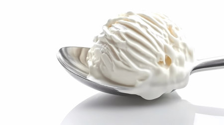 Illustration of a spoon with vanilla ice cream with a traced texture on a white background. Generated by artificial intelligenceの素材