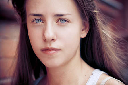 girl with blue eyes, hard lookの写真素材