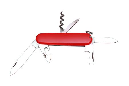 red swiss knife with open blades isolated