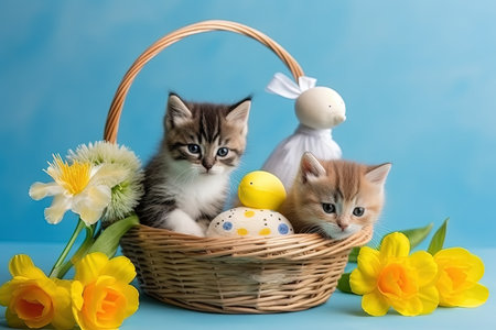 A two striped kittens and a baby puppet duck are sitting in a basket with spring flowers, blue backgroundの素材