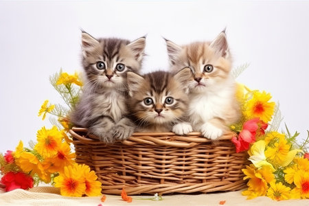 A Three striped kittens are sitting in a basket with spring flowers, white backgroundの素材