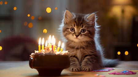 Kitten behind a beautiful birthday cake with lit candlesの素材