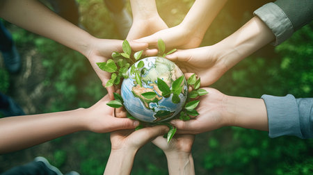 Top View Hands of People Embracing a Handmade Globe for Protecting Planet Together in World Earth Day Concept. Green Energy, ESG, Renewable, and Sustainable Resources. environmentの素材
