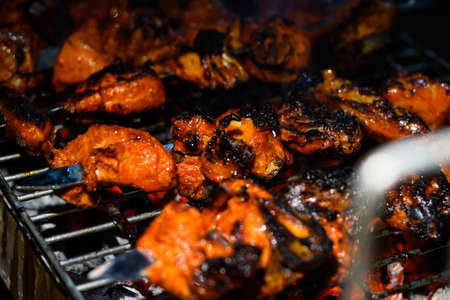 Delicious Grilled Tandoori of Assorted Meats over Charcoal and hot grill on Skewers.の写真素材