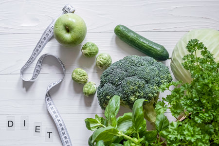 Diet Concept. Green vegetables. Flat layの写真素材