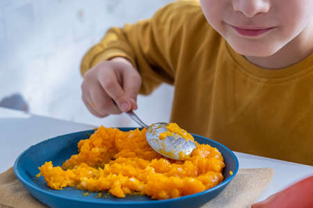 Pumpkin porridge for children. Childrens breakfast.の写真素材
