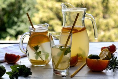 Preparation of lemonade drink. Lemonade in a jug and lemon and lime and mintの写真素材