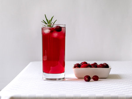 Cranberry juice in a glass on a table with a white tableclothの写真素材