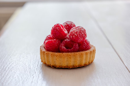 Homemade shortbread raspberry dough. Tartlets with freshの写真素材