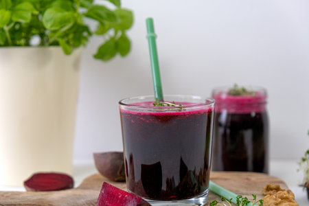 Beetroot smoothie in a jar. Beetroot and microgreens smoothie